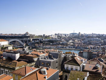 High angle view of cityscape against clear sky