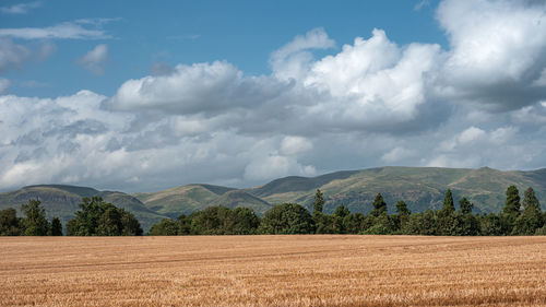 Panoramic landscape near the city of stirling in the scottish lowlands with the ochil hills 