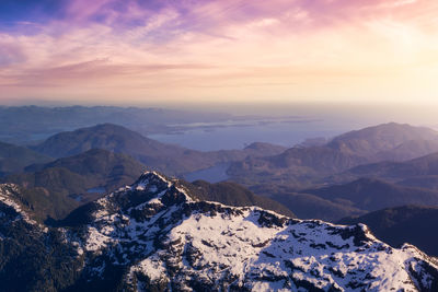 Scenic view of snowcapped mountains against sky during sunset