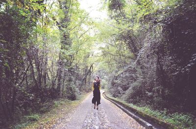 People walking on road in forest