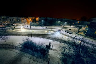 High angle view of city street at night