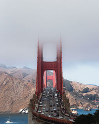 Aerial view of suspension bridge against sky