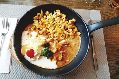 High angle view of breakfast served on table