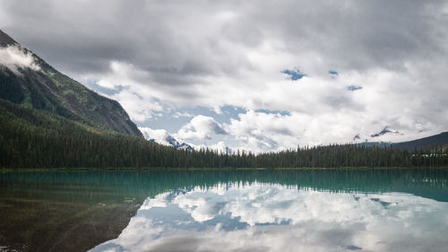 Scenic view of lake by mountains against sky