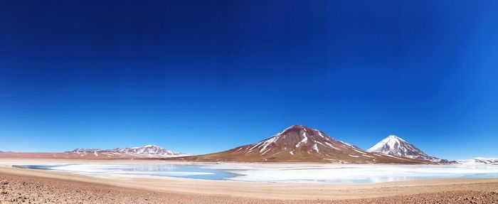 Scenic view of snowcapped mountains against clear blue sky