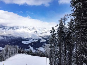 Scenic view of snow covered mountains against sky