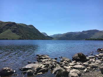 Scenic view of lake against blue sky