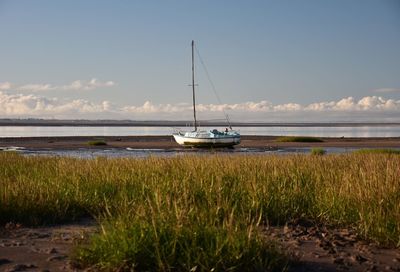 Sailboat moored on sea against sky