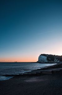 Scenic view of sea against clear blue sky