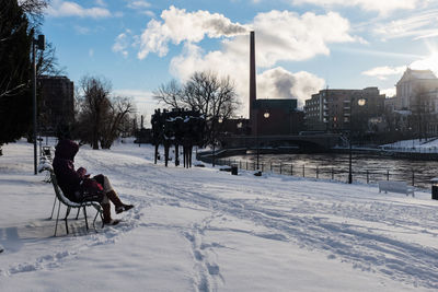 View of snow covered city in winter