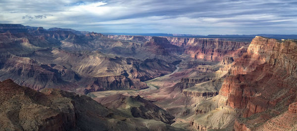 Aerial view of rock formations against cloudy sky