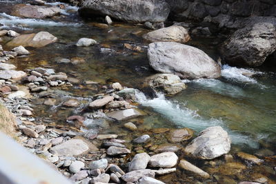 High angle view of rocks in river