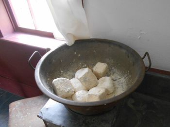 High angle view of meat in cooking pan