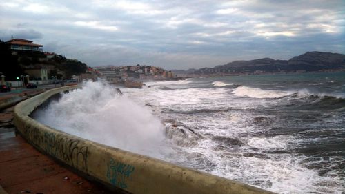 Scenic view of sea against cloudy sky