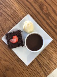 High angle view of dessert served on table