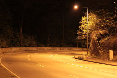 Illuminated road by trees at night