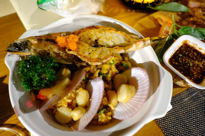 High angle view of meal served in plate