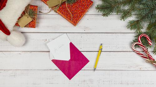 High angle view of christmas decoration on table