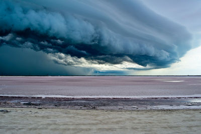 Scenic view of sea against dramatic sky