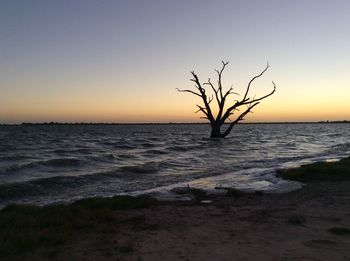 Scenic view of sea against clear sky during sunset