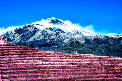 Scenic view of snowcapped mountain against blue sky