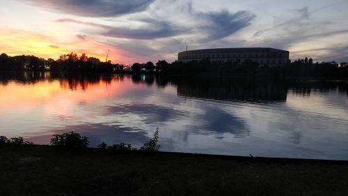 Scenic view of lake against sky during sunset