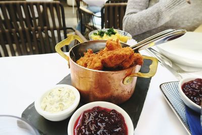 Close-up of food served on table