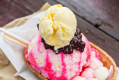 Close-up of ice cream on table