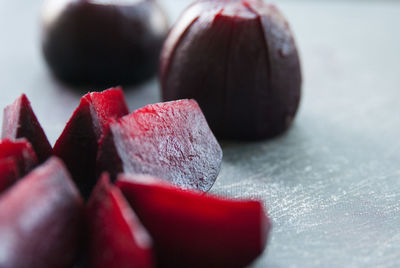 Close-up of beet slices on table