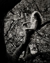 Portrait of woman with tree trunk