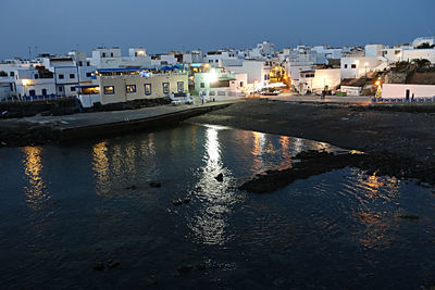 Reflection of illuminated cityscape in water