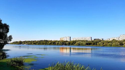 Scenic view of lake against clear blue sky