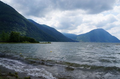 Scenic view of lake against cloudy sky