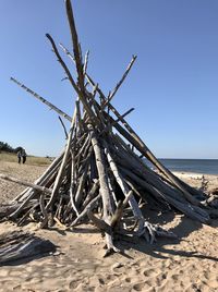 Driftwood on beach against clear sky