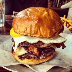 Close-up of hamburger in plate