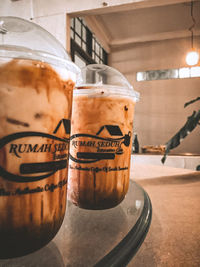 Close-up of beer in glass on table