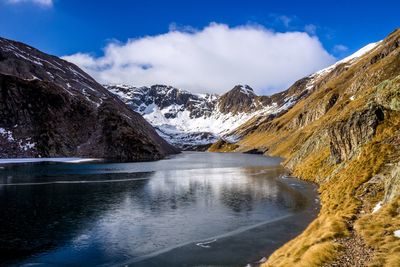 Scenic view of snowcapped mountains against sky during winter