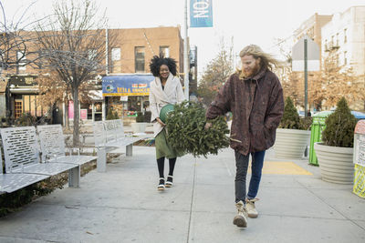A young man and woman carrying a christmas tree