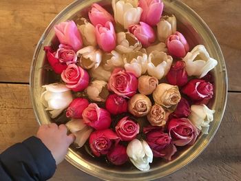 High angle view of hand holding roses in vase