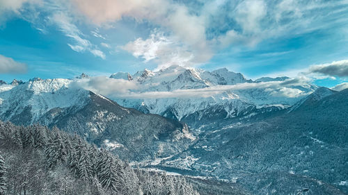 Scenic view of snowcapped mountains against sky