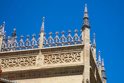 Low angle view of temple building against clear blue sky