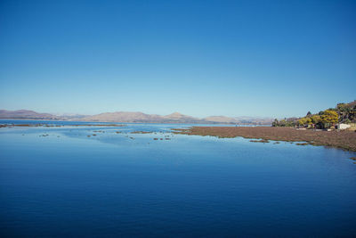 Scenic view of sea against clear blue sky