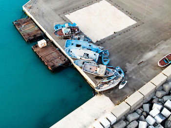 High angle view of boats moored in water