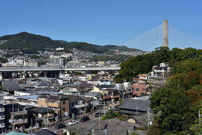 High angle view of buildings in city against clear sky