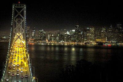 Illuminated city buildings at night