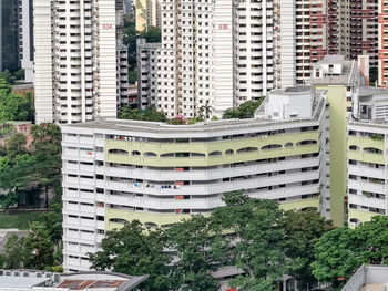 High angle view of modern buildings in city