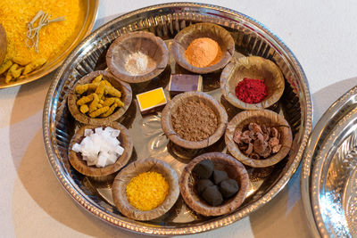 High angle view of breakfast on table