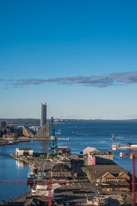 High angle view of city at waterfront