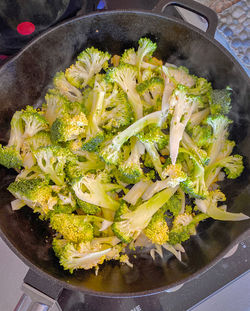 High angle view of vegetables in pan