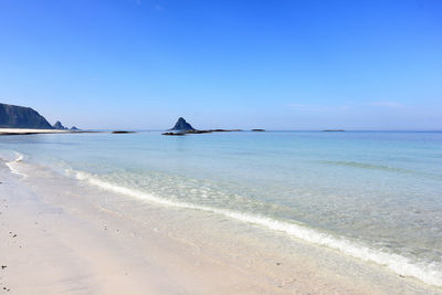 Scenic view of sea against clear blue sky